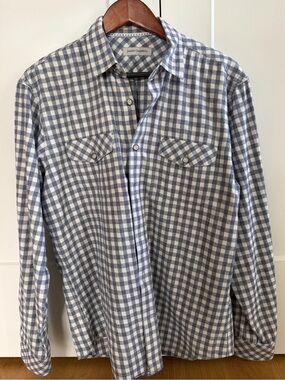 James Campbell Men’s Blue & White Gingham Plaid Soft Flannel Shirt - Large